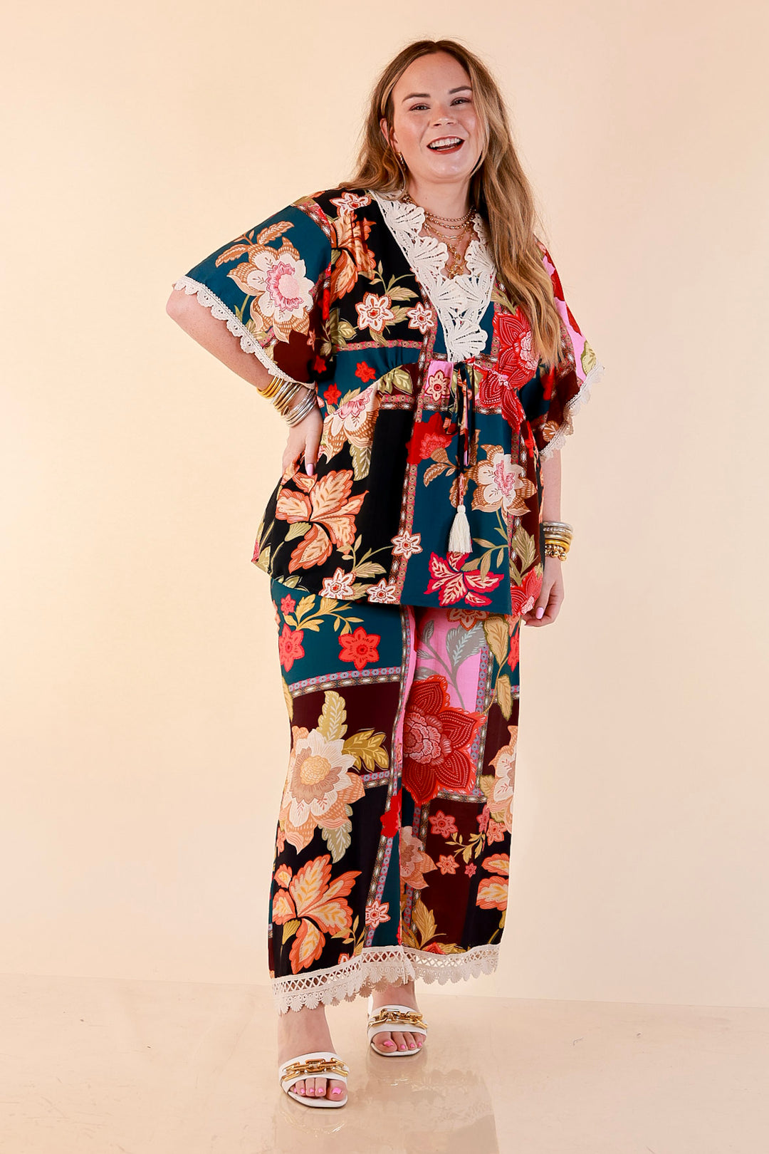 Patchwork Flair Floral Patchwork Print Wide Leg Pants with Lace Trim in Pink Mix