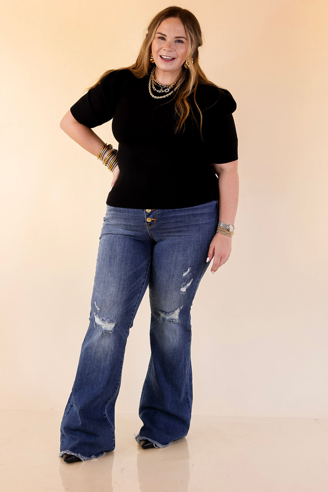 Sweet Sophistication Puff Short Sleeve Knit Sweater with Scoop Neck in Black