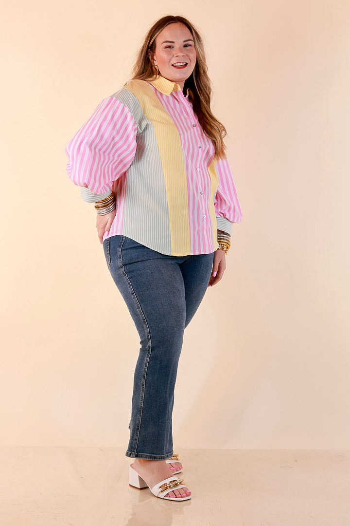 Lovely Impression Colorblock Stripe Button Front Top with Balloon Sleeves in Pink, Yellow and Green