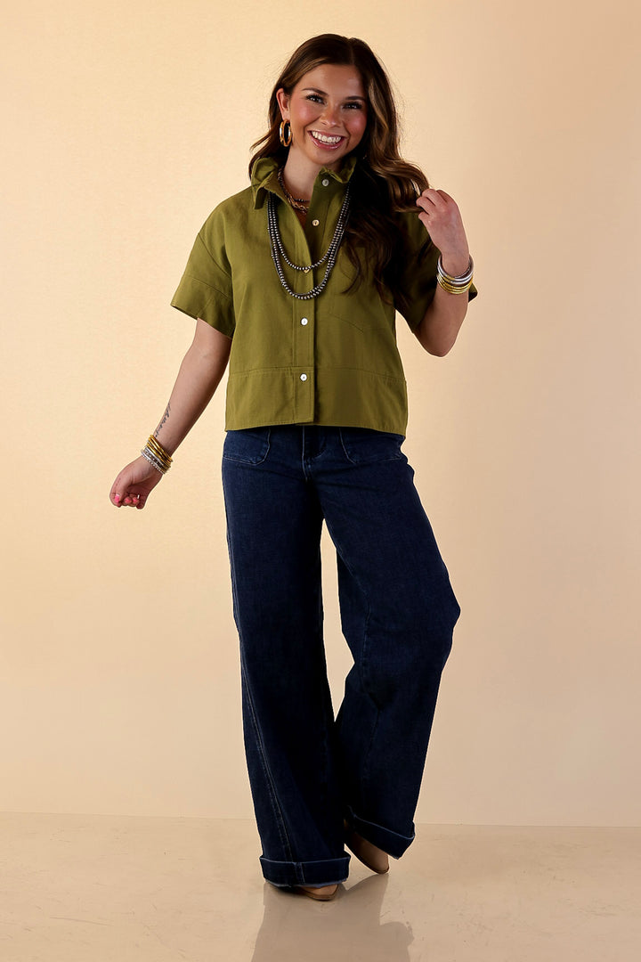 Casual Composure Button Front Short Sleeve Linen Top in Olive Green