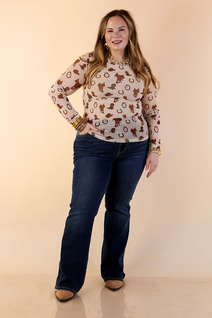 The Perfect Layer Western Icons Print Mesh Long Sleeve Top in Cream and Brown