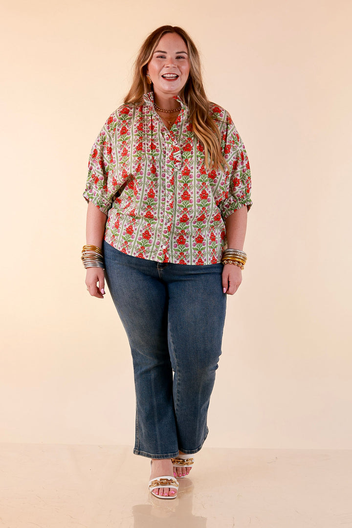 Charming Details Floral Print Button Front Dolman Top with Ruffle Collar in Ivory