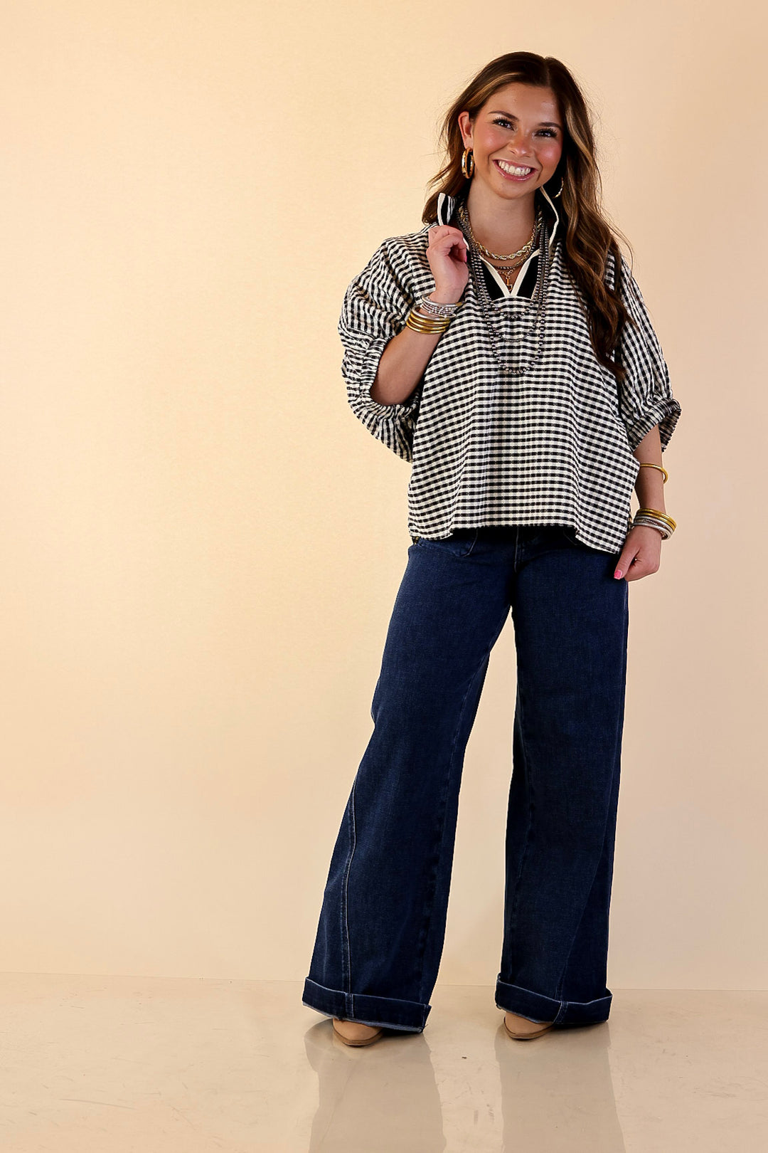 Naturally Stylish Gingham Plaid Top with Contrast Stripe Trim and Short Dolman Sleeves in Black