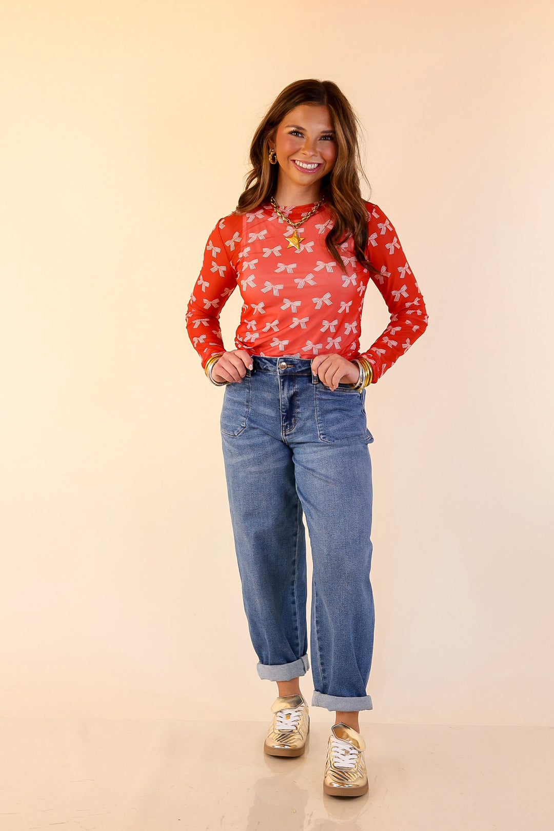 The Perfect Layer Bow Print Mesh Long Sleeve Top in Red and Ivory