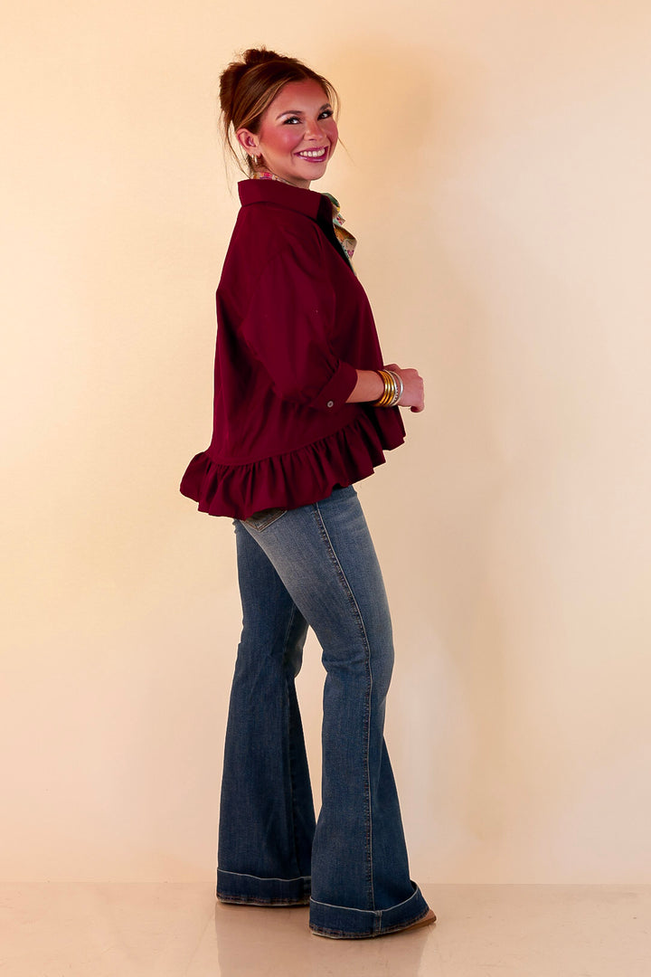 Style Agenda Solid Button Down Peplum Top in Maroon
