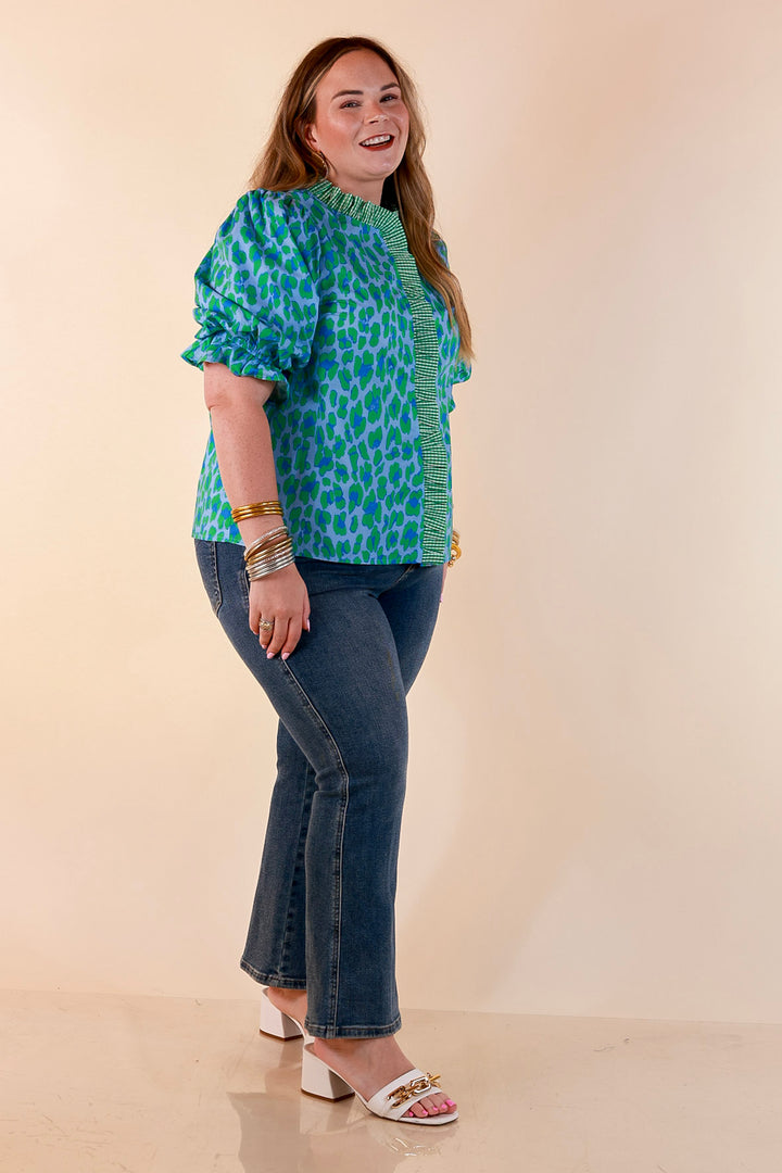 Catch the Compliments Puff Sleeve Ruffle Trim Leopard Print Statement Top in Green and Blue
