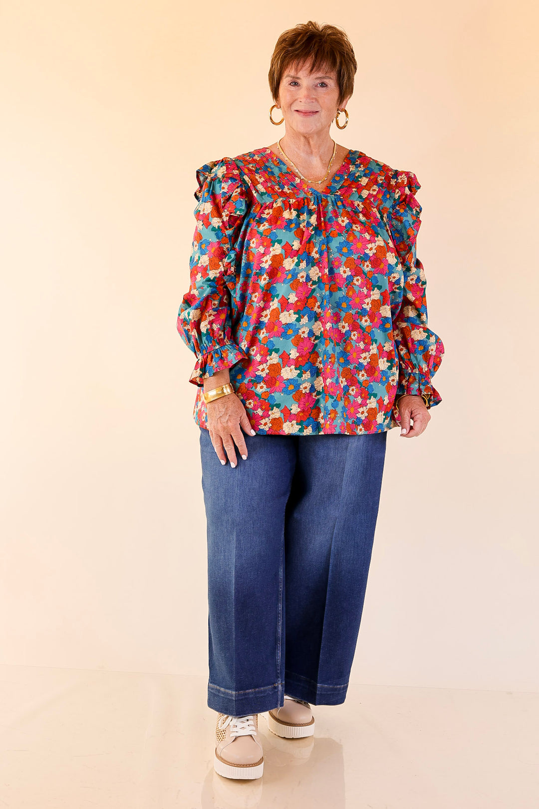 Coffee Perks Floral Ruffle Detail Long Sleeve Top in Turquoise Blue