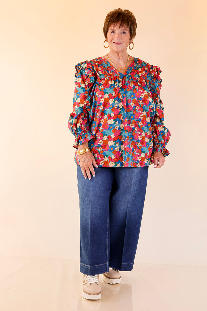 Coffee Perks Floral Ruffle Detail Long Sleeve Top in Turquoise Blue