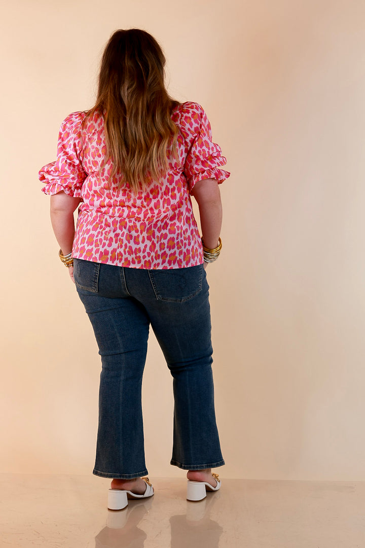 Catch the Compliments Puff Sleeve Ruffle Trim Leopard Print Statement Top in Pink and Orange