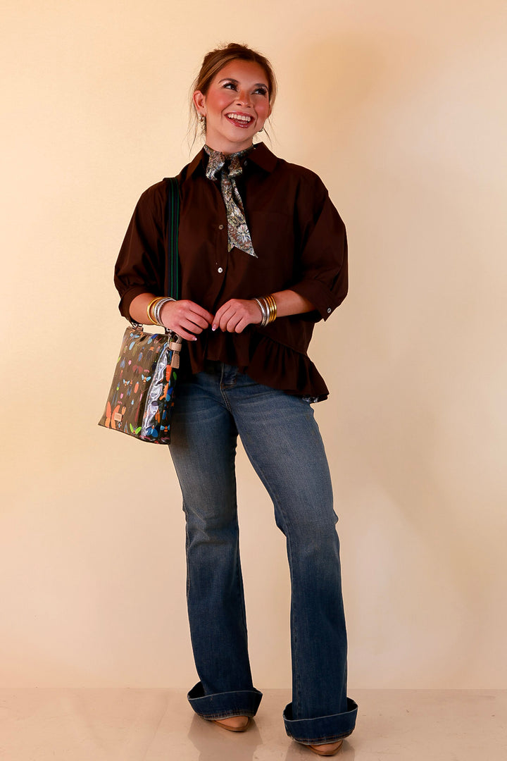 Style Agenda Solid Button Down Peplum Top in Deep Chocolate Brown