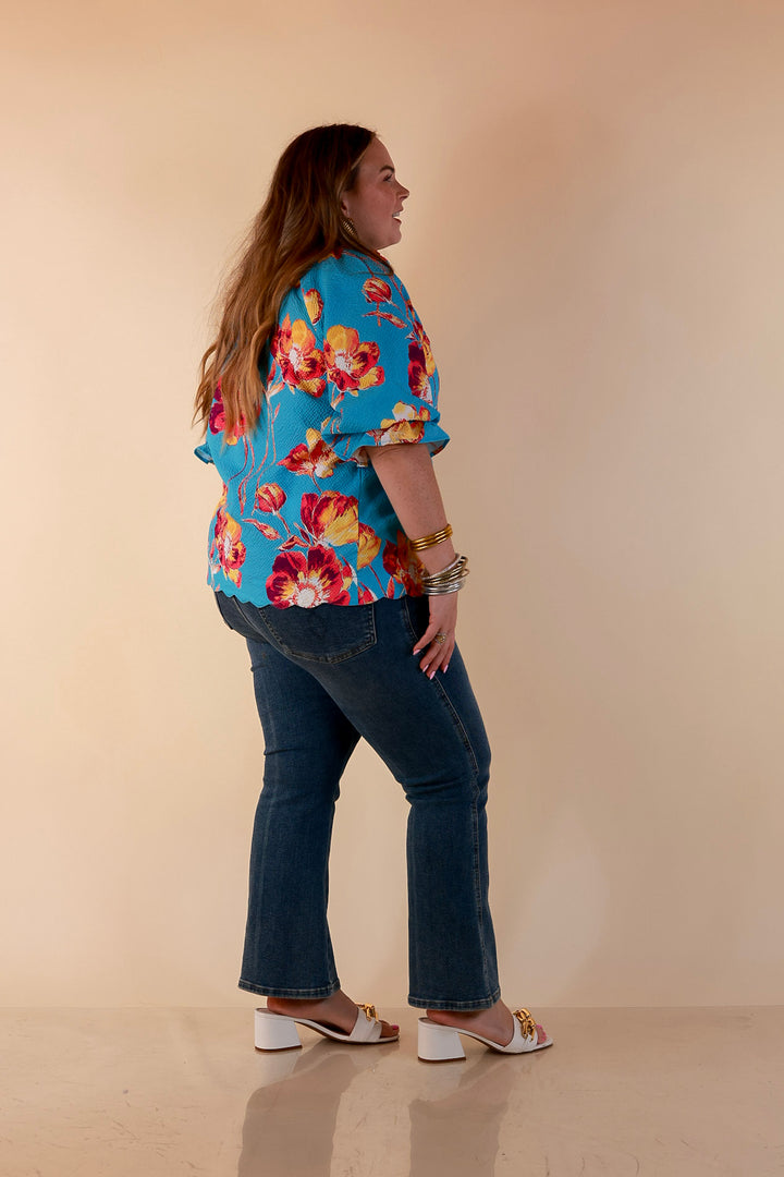 Petal Perfect Floral Print Textured Puff Sleeve Top with Ruffle Split Neckline in Aqua Mix