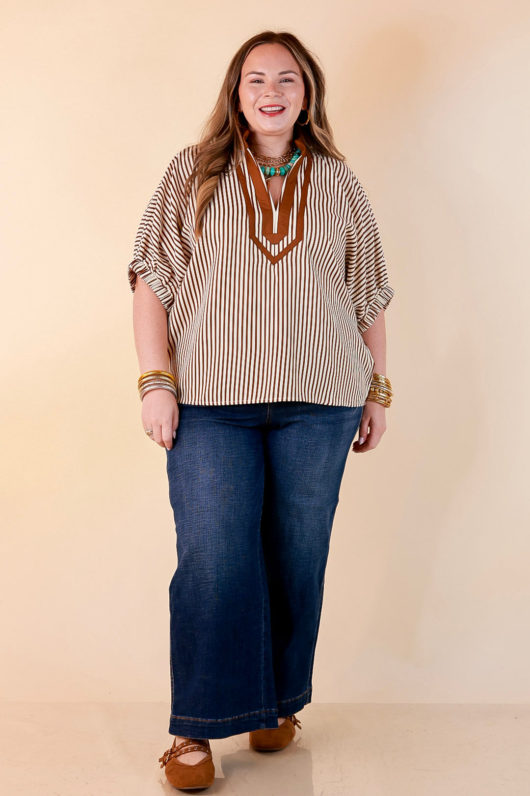 Naturally Stylish Stripe Top with Contrast Stripe Trim and Short Dolman Sleeves in Camel Brown