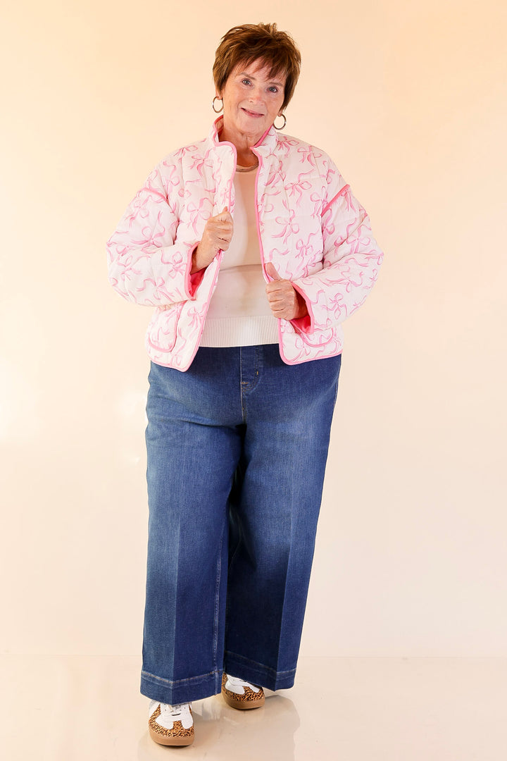 Mud Pie | Cher Quilted Jacket with Pink Bow Print and Pink Piping and Pockets in Off White