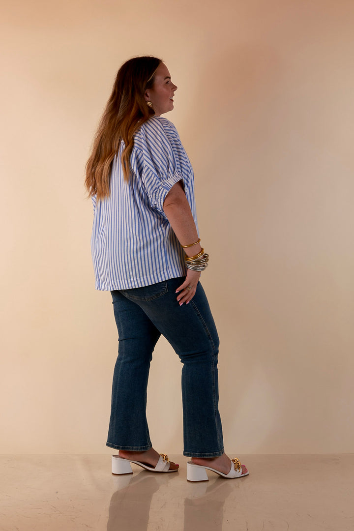 Naturally Stylish Striped Poncho Top with Lace Trim Details and Dolman Sleeves in Baby Blue