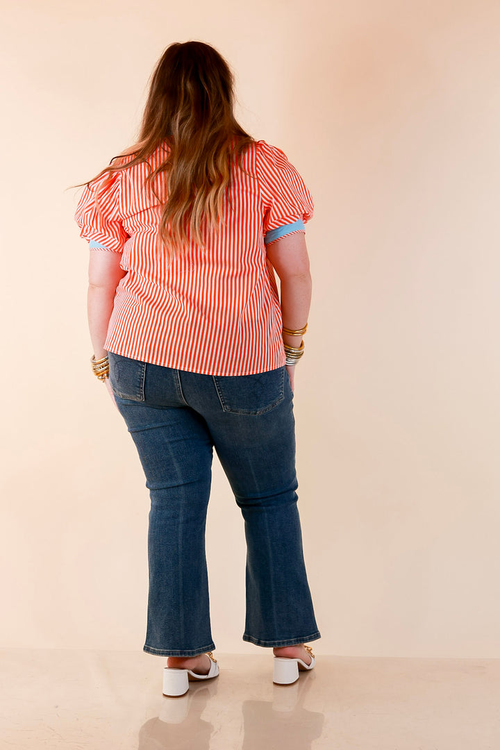 Pop of Polish Short Puff Sleeve Button Front Top with Contrast Trim in Orange, White and Sky Blue