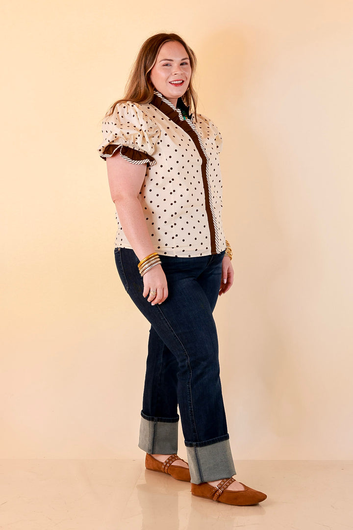 Endless Elegance Ruffled V Neck Polka Dot Print Top in Cream and Brown
