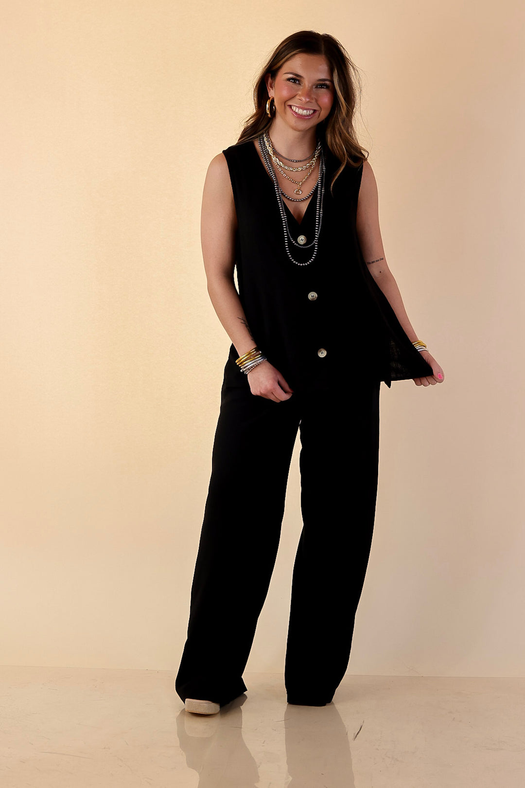 Styled for Success Button Up Linen Vest in Black