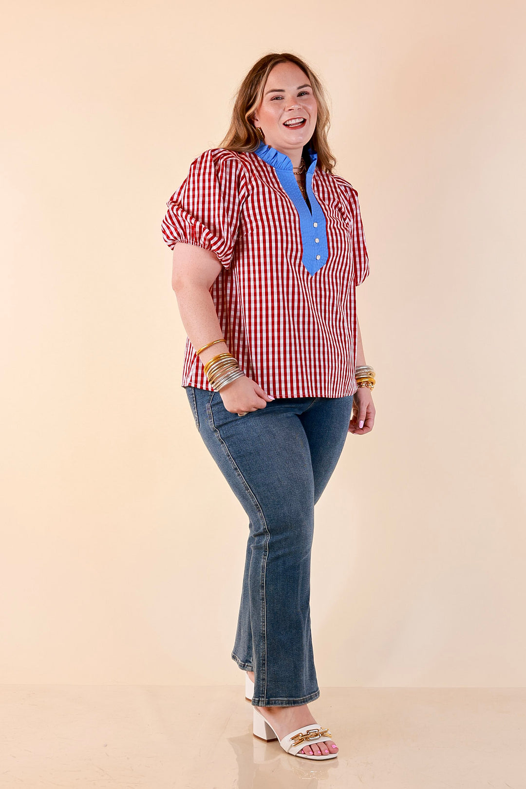 Polished &amp; Playful Short Puff Sleeve Gingham Top with Contrast Blue Trim in Red and White