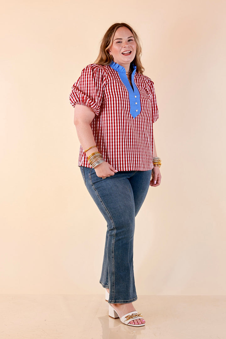 Polished &amp; Playful Short Puff Sleeve Gingham Top with Contrast Blue Trim in Red and White