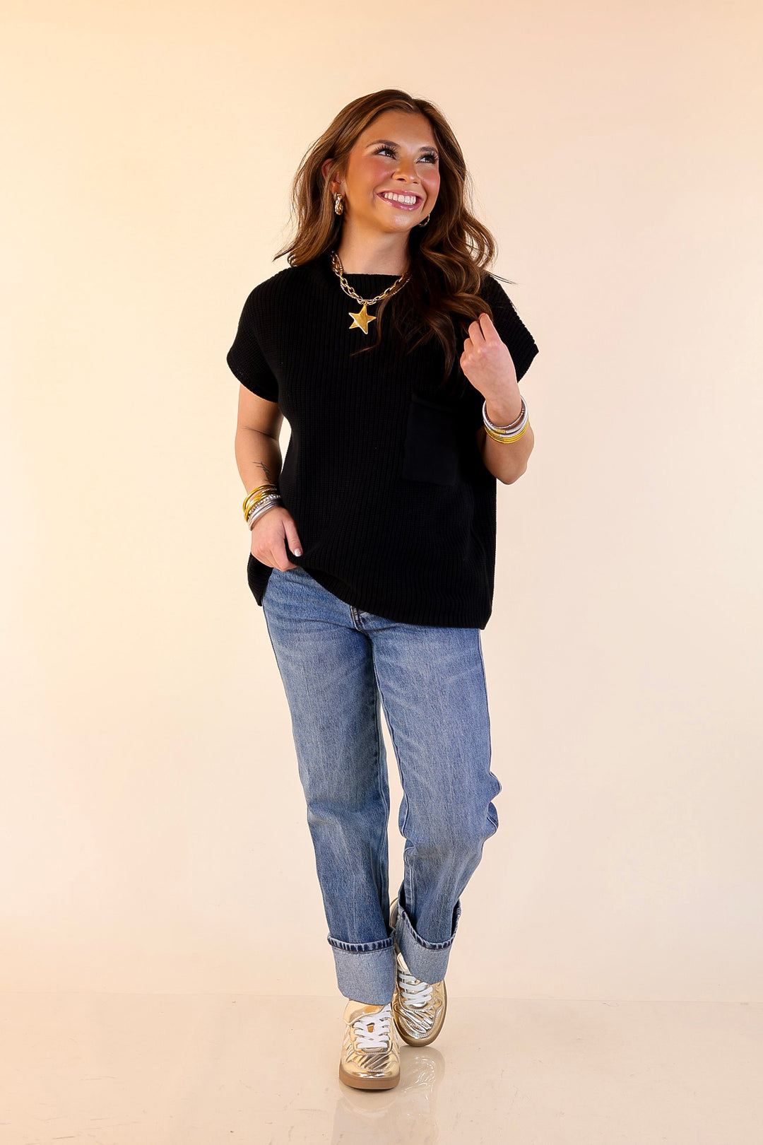 Repeat Ready Cap Sleeve Sweater with Front Pocket in Black