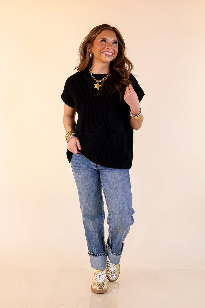 Repeat Ready Cap Sleeve Sweater with Front Pocket in Black