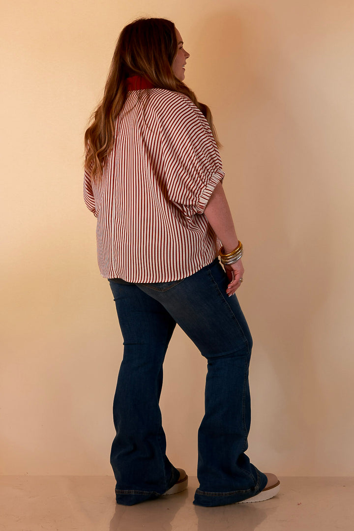 Naturally Stylish Stripe Top with Contrast Stripe Trim and Short Dolman Sleeves in Brick Red