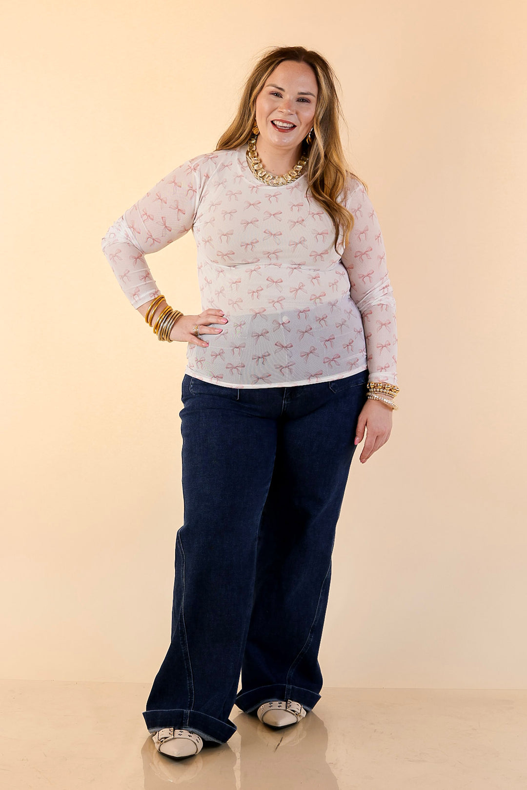 The Perfect Layer Coquette Pink Bow Print Mesh Long Sleeve Top in Ivory