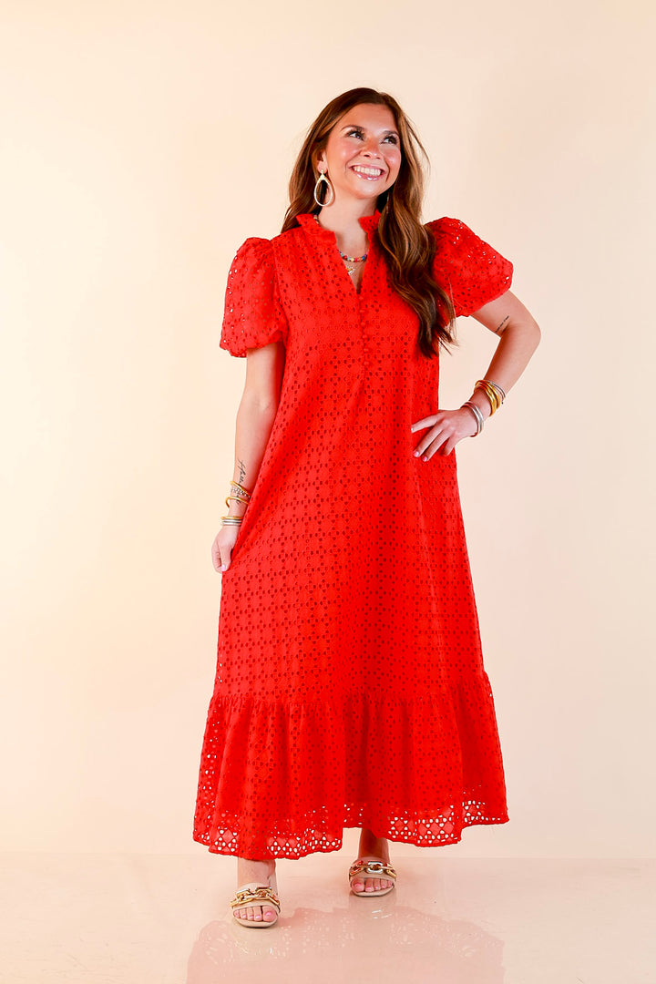 Meet Me at Sunset Eyelet Lace Puff Sleeve Tiered Maxi Dress in Red