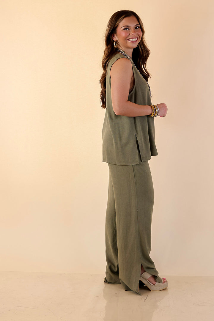 Styled in Comfort Linen Wide Leg Drawstring Pants in Olive Green