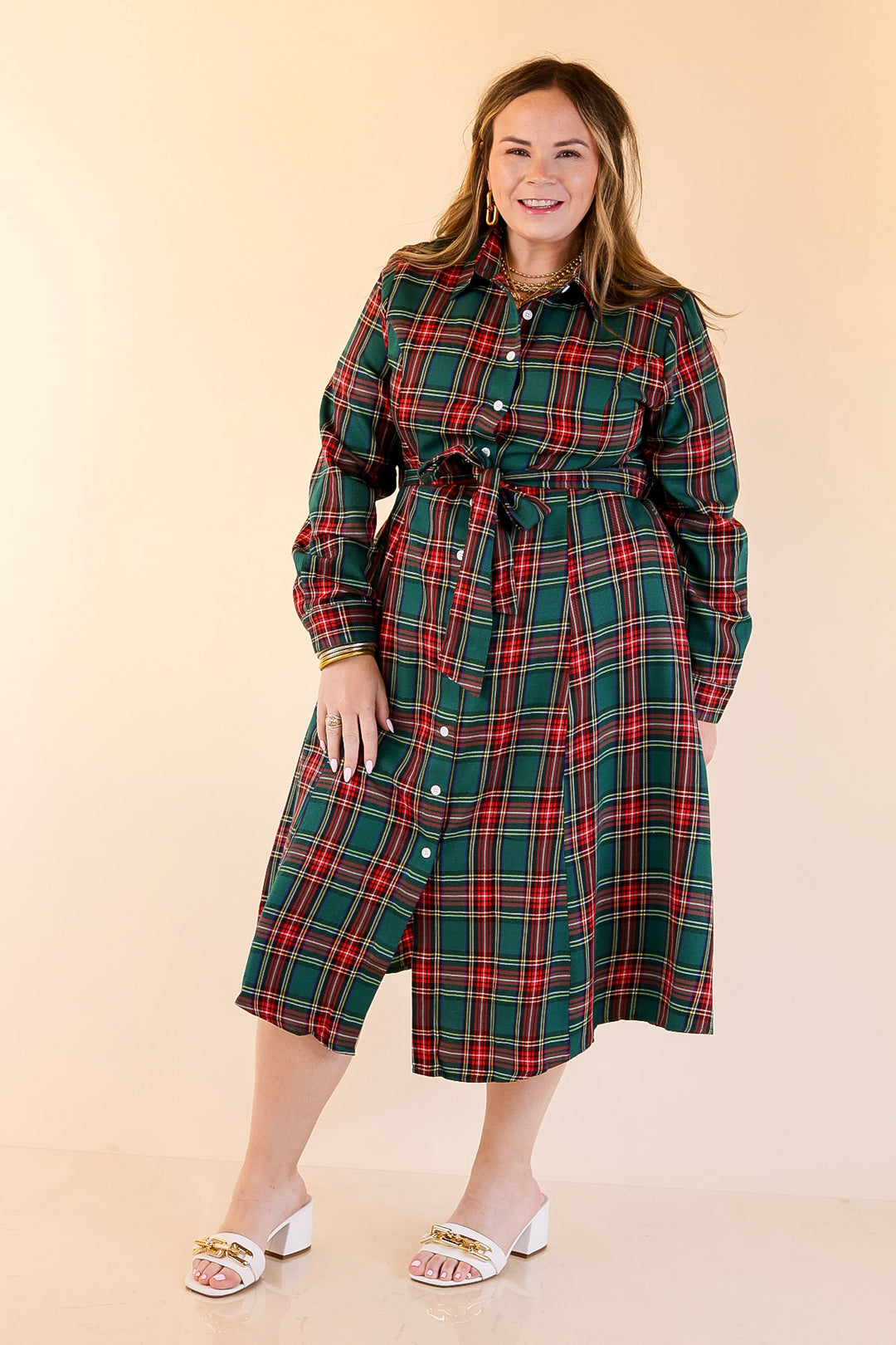 Polished Presence Long Sleeve Plaid Button Up Collared Midi Dress in Green