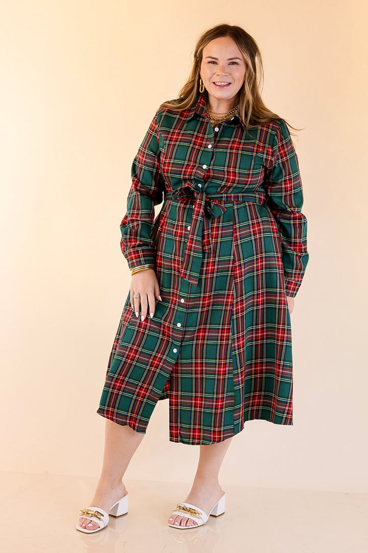 Polished Presence Long Sleeve Plaid Button Up Collared Midi Dress in Green
