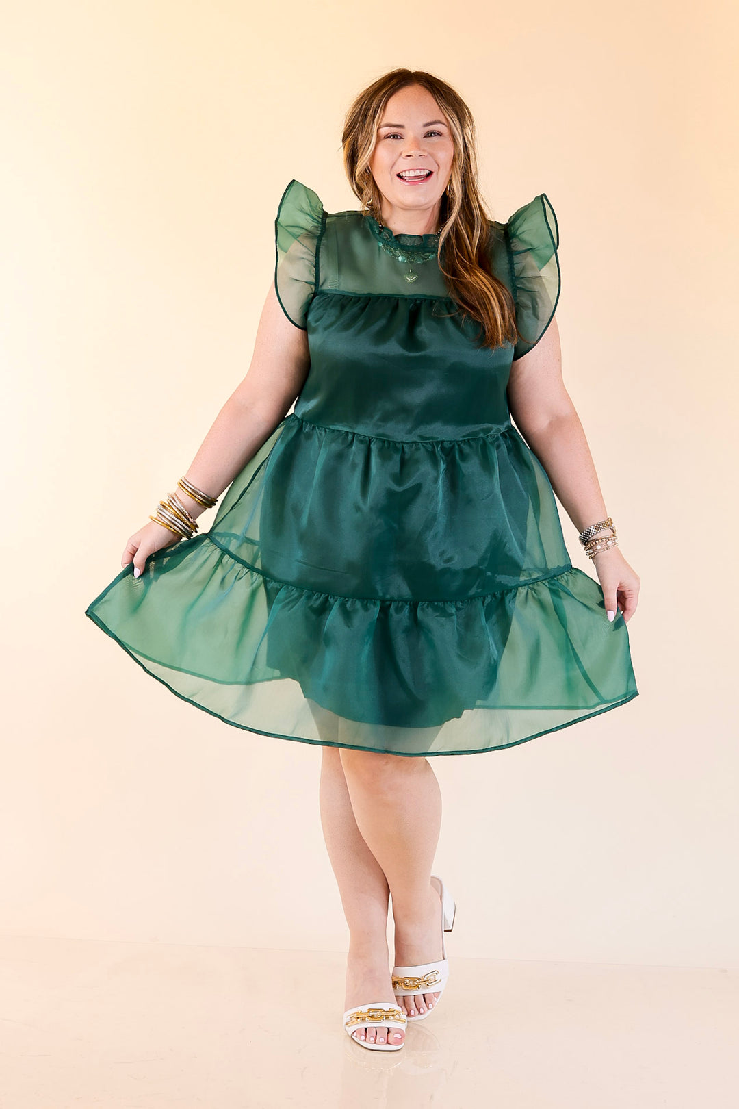 Mud Pie | Jane High Neck Sheer Tulle Ruffle Tiered Dress in Forest Green