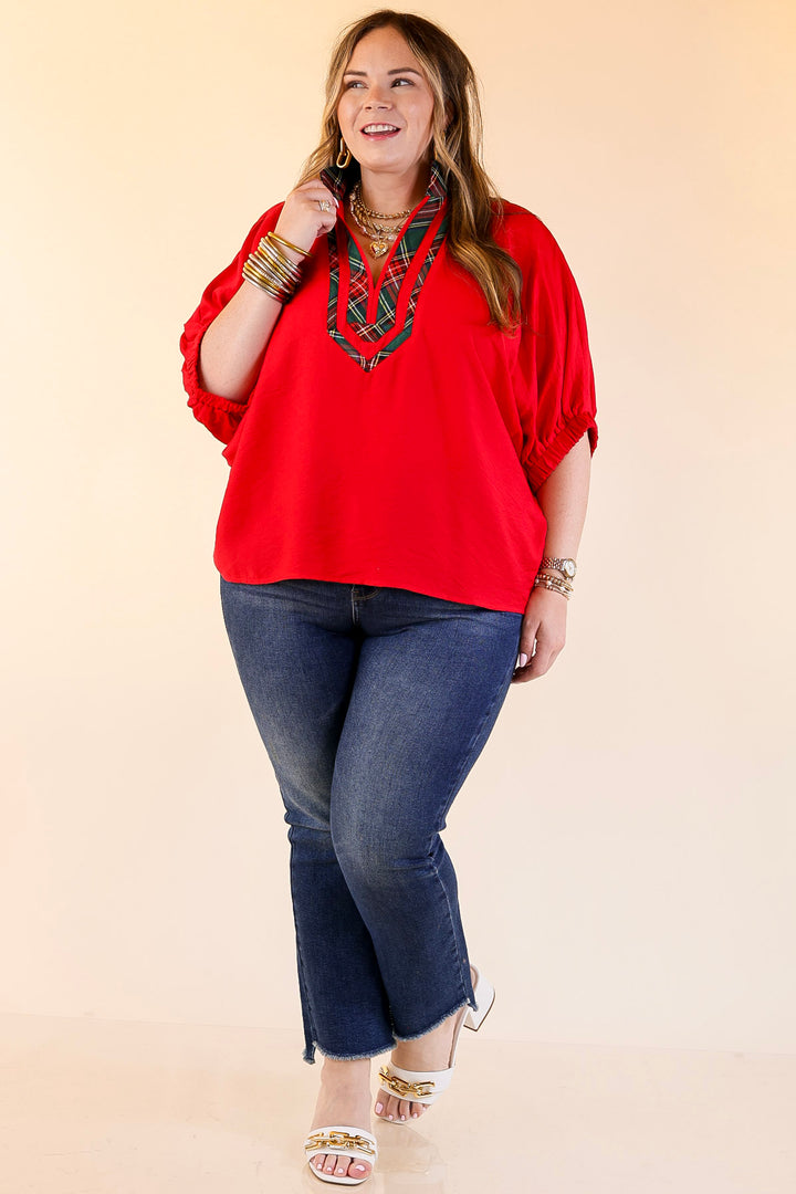 Naturally Stylish Poncho Top with Green Plaid Trim in Red