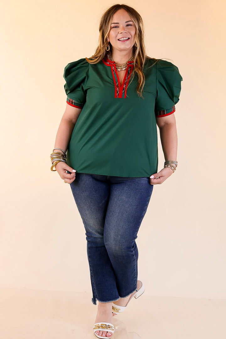 Commanding Style V Neck Top with Short Balloon Sleeves and Plaid Trim in Hunter Green