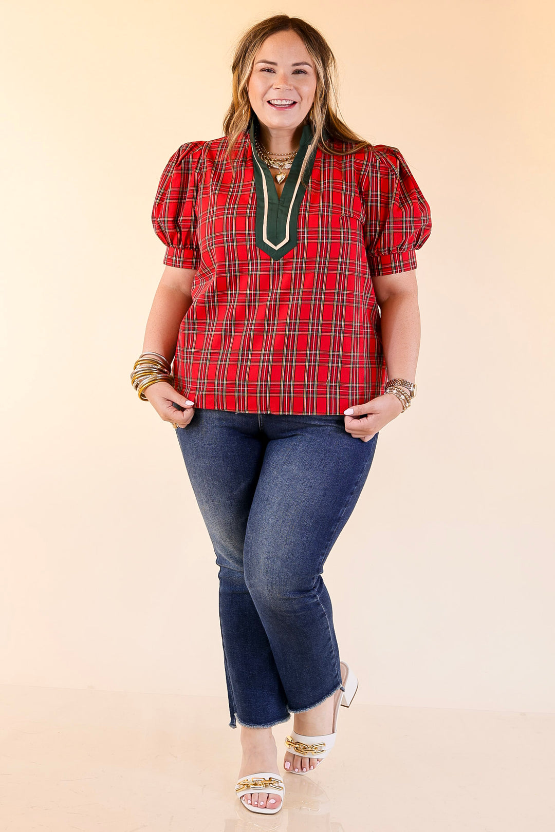 Chic Statement V Neck Plaid Top with Short Balloon Sleeves and Green Trim in Red