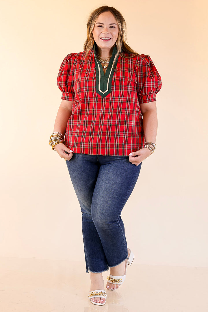 Chic Statement V Neck Plaid Top with Short Balloon Sleeves and Green Trim in Red