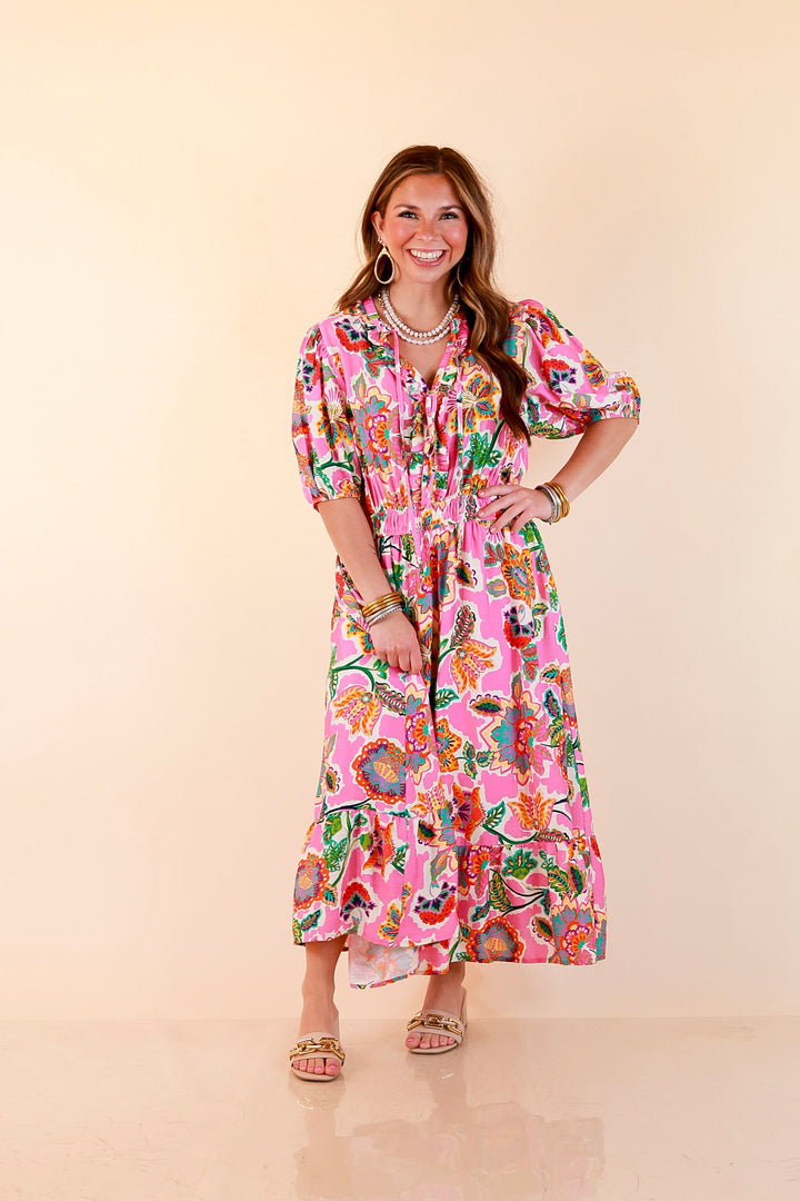 Color Me Happy Floral Print Midi Dress with Tie Neckline and Puff Sleeves in Pink