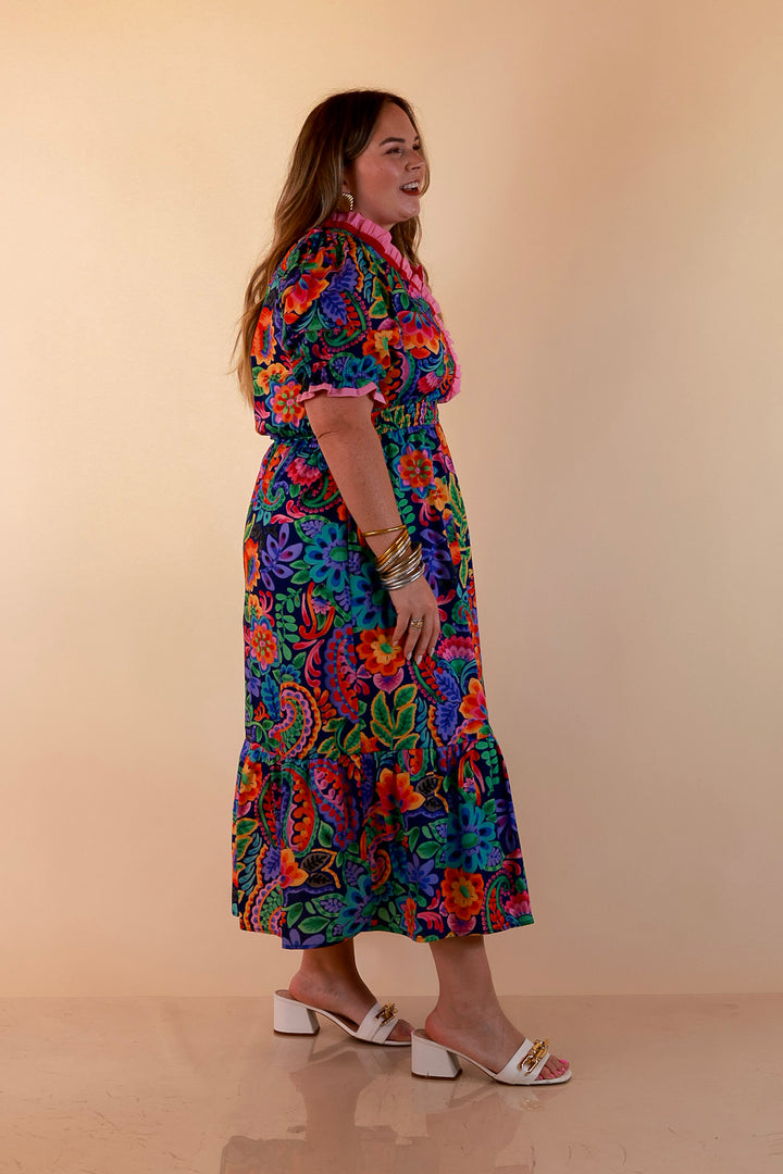 Gracefully Yours Floral and Paisley Print Midi Dress with Contrast Ruffle Trim in Navy Blue