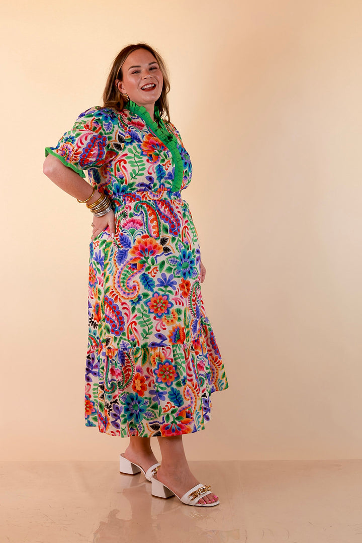 Gracefully Yours Floral and Paisley Print Midi Dress with Contrast Ruffle Trim in Ivory