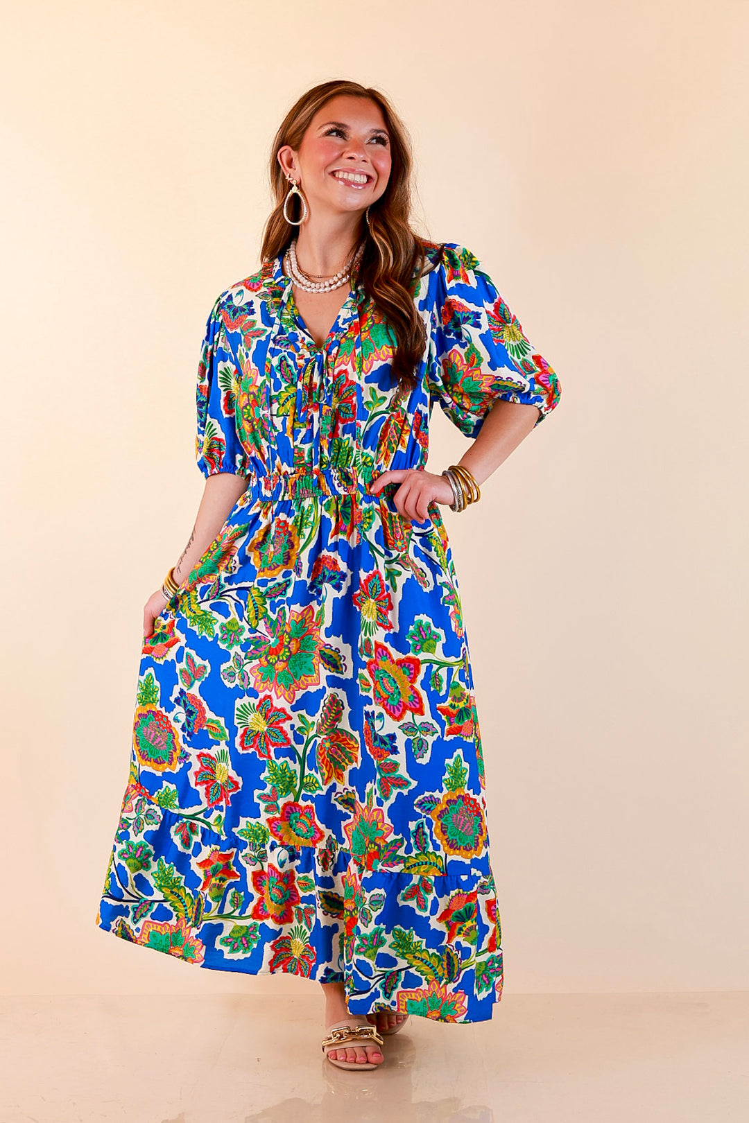 Color Me Happy Floral Print Midi Dress with Tie Neckline and Puff Sleeves in Royal Blue