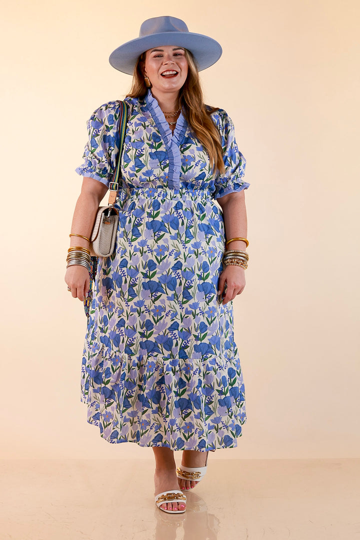 Gracefully Yours Floral Print Midi Dress with Contrast Ruffle Trim in Blue