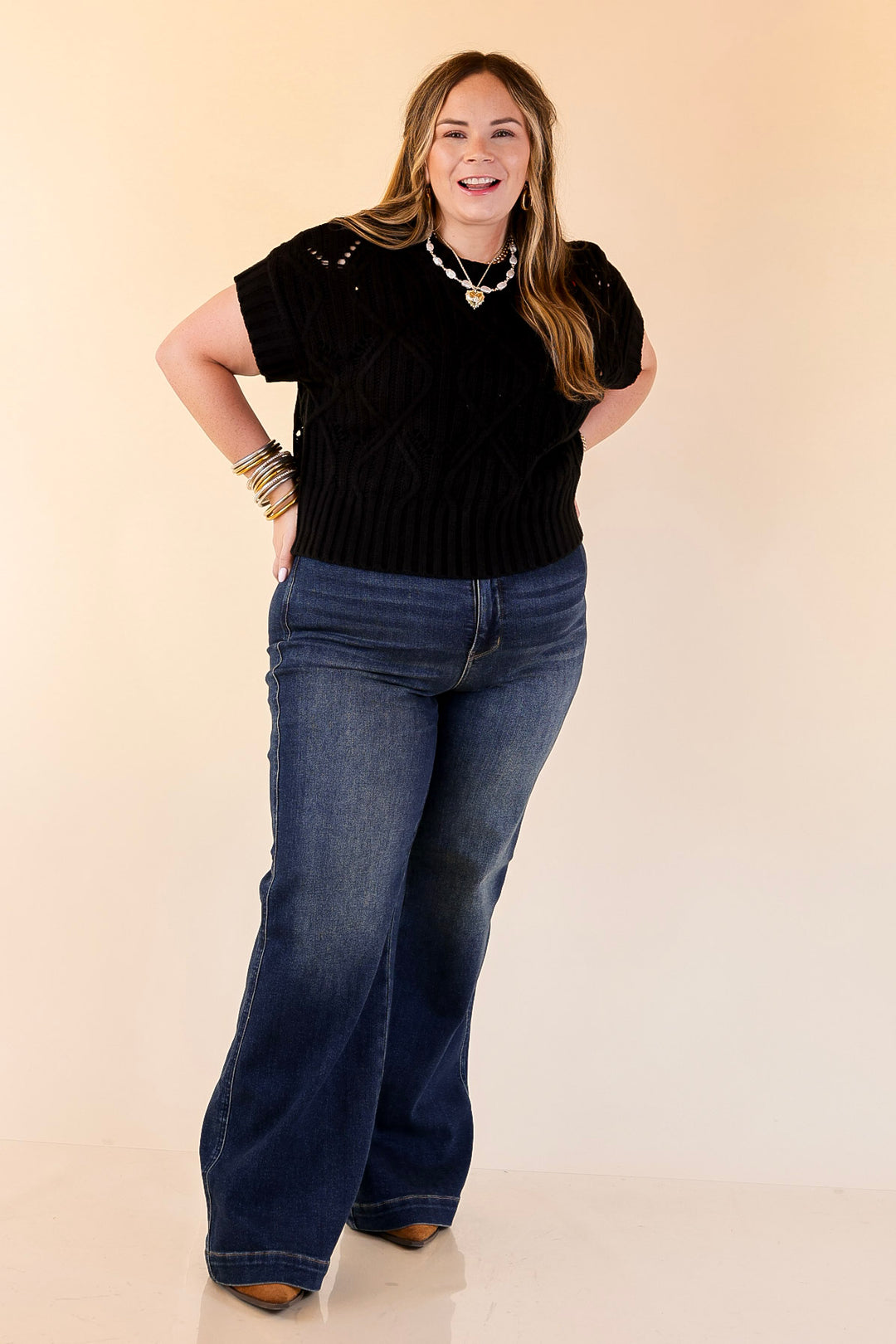 Knit to Last Cable Knit Short Sleeve Sweater Top in Black