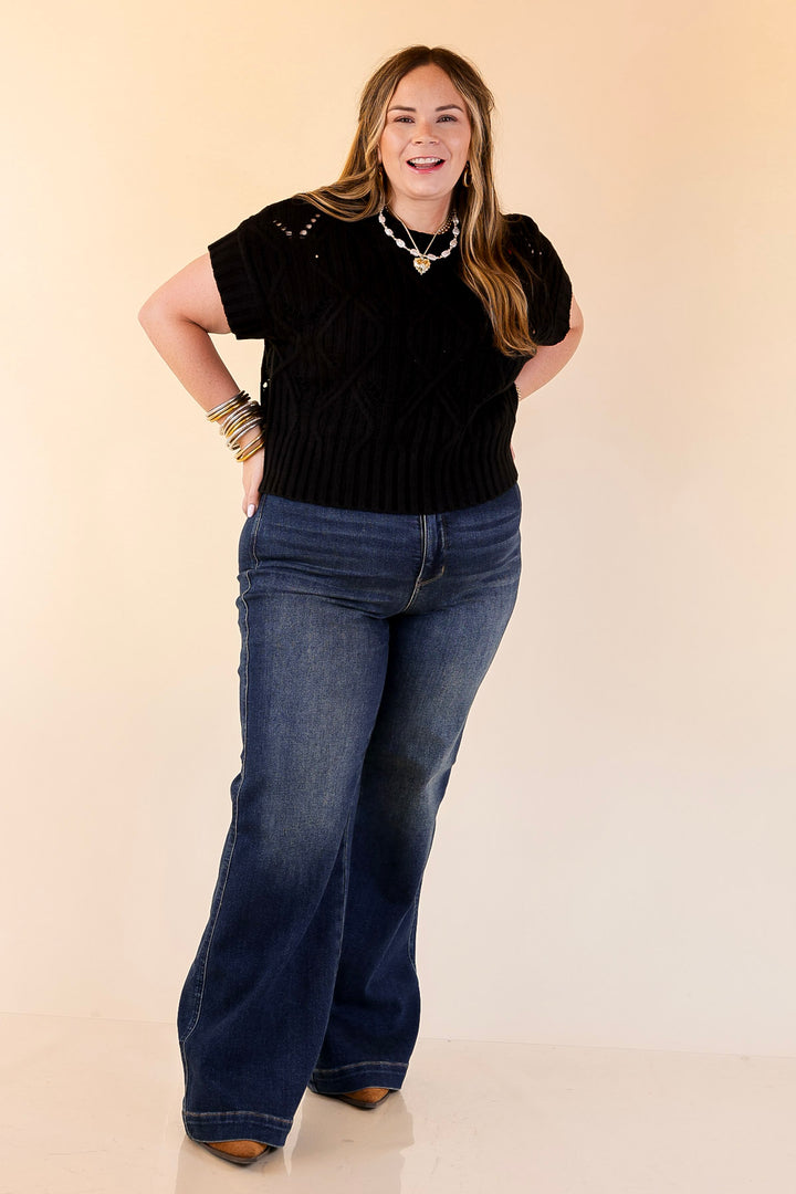 Knit to Last Cable Knit Short Sleeve Sweater Top in Black