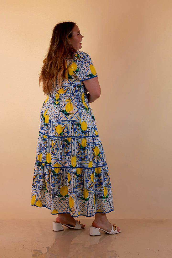 Villa Views Lemon and Tile Abstract Print Tiered Midi Dress in Blue and Yellow