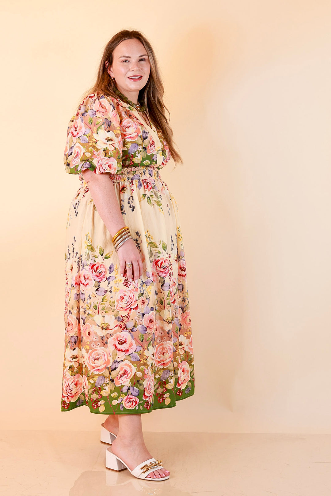 Brunch with the Girls Puff Sleeve Smocked Waist Floral Print Tiered Midi Dress in Ivory and Olive Green Multi