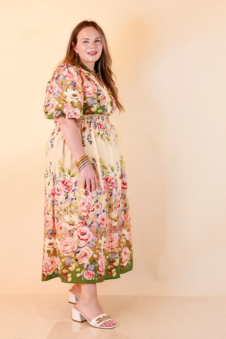 Brunch with the Girls Puff Sleeve Smocked Waist Floral Print Tiered Midi Dress in Ivory and Olive Green Multi