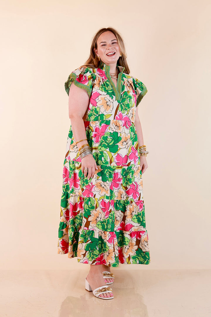 Spring Symphony Floral Print Tiered Midi Dress with Flutter Sleeves in Pink and Green