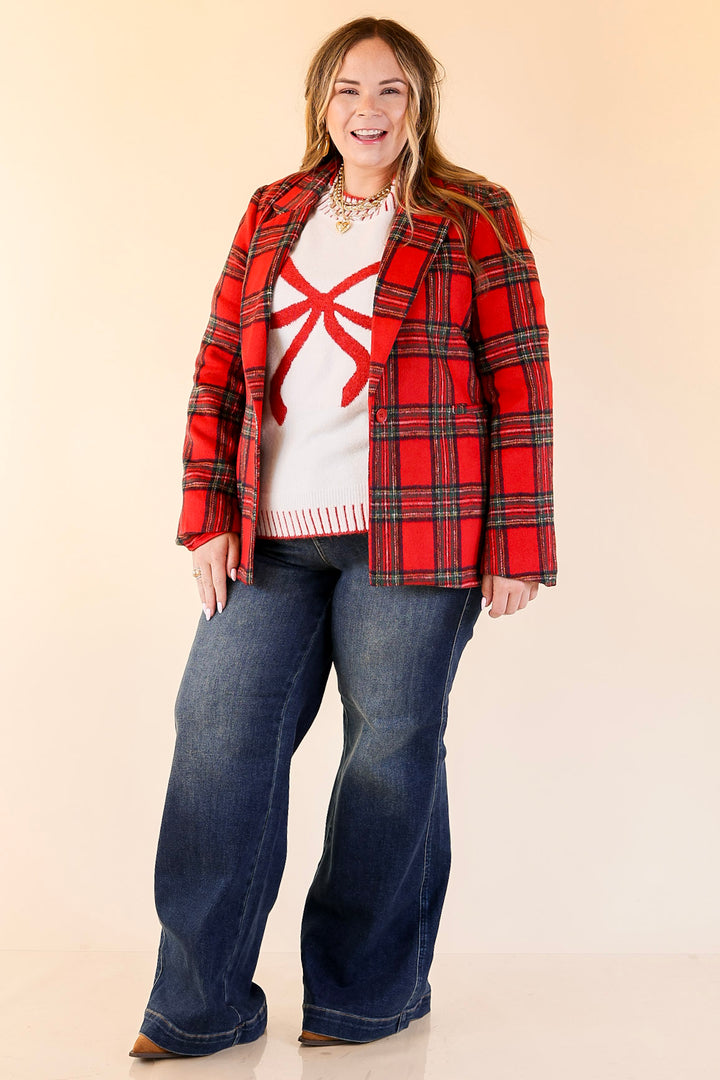 Season to Shine Long Sleeve Tartan Plaid Blazer in Red