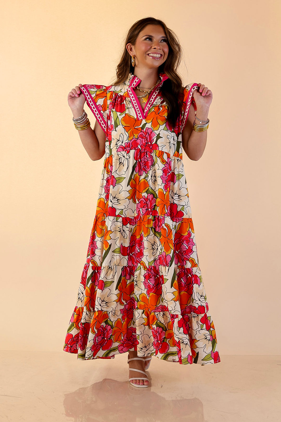 Spring Symphony Floral Print Tiered Midi Dress with Flutter Sleeves in Pink and Orange