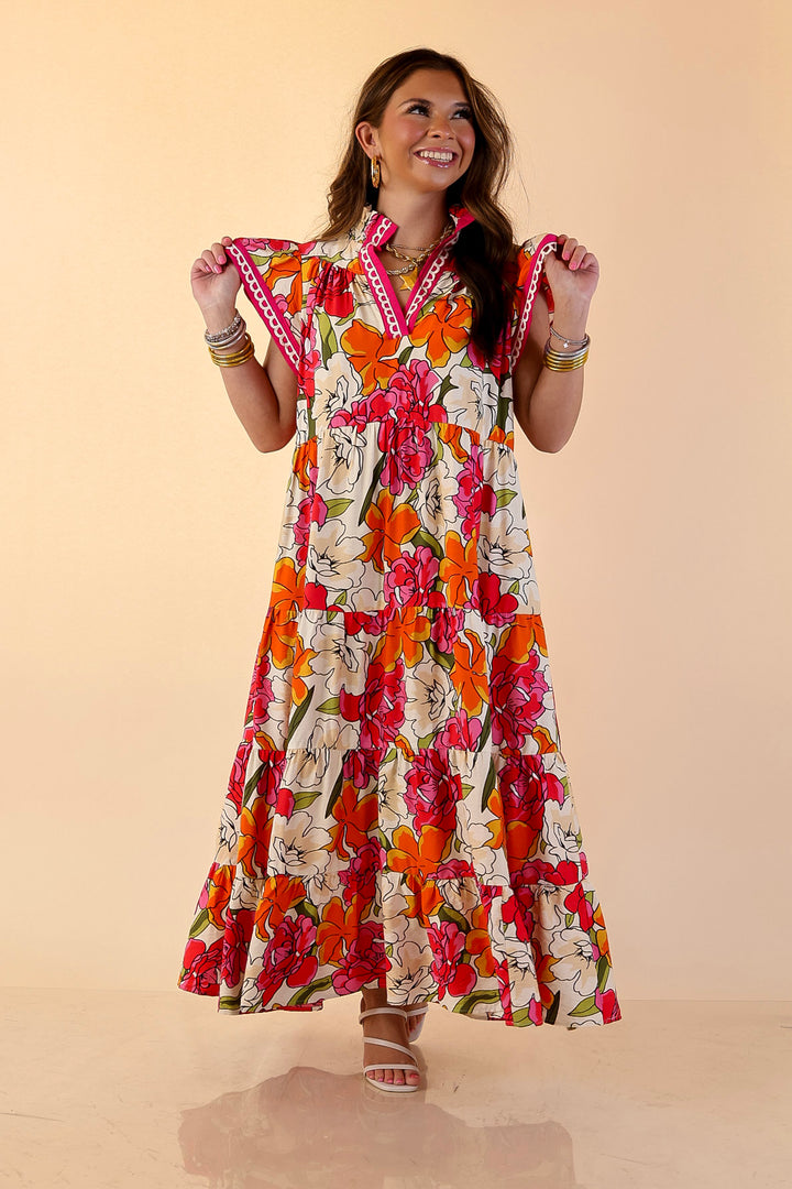 Spring Symphony Floral Print Tiered Midi Dress with Flutter Sleeves in Pink and Orange